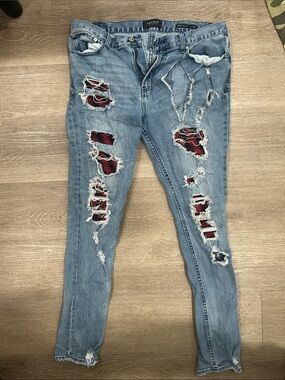 PacSun Light Blue Ripped Skinny Jeans with Red Plaid Inset